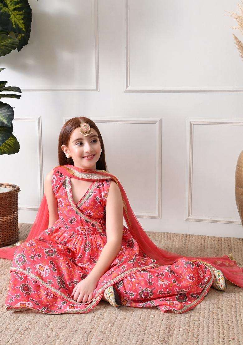 Peach Ethnic Motifs Polyester Sharara Set For Girl - Indya