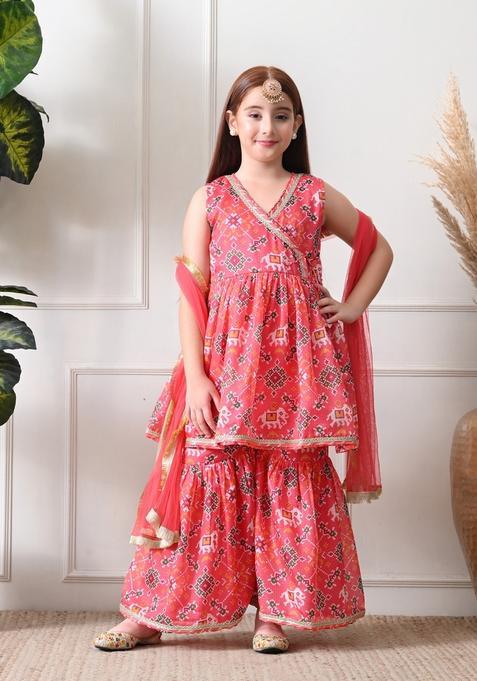 Peach Ethnic Motifs Polyester Sharara Set For Girl — view on Indya