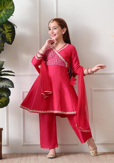 Pink Solid Silk Sharara Set For Girl
