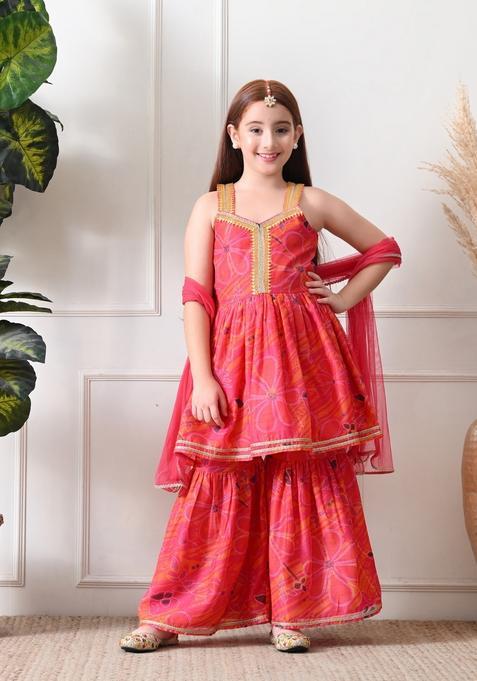 Pink Solid Silk Sharara Set For Girl