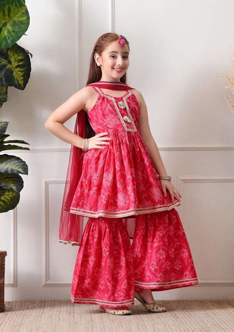 Pink Floral Print Cotton Sharara Set For Girl - Indya