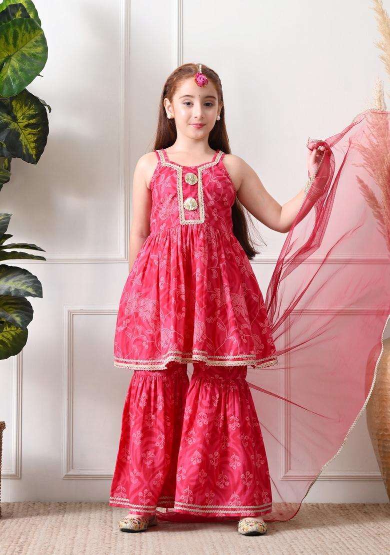 Pink Floral Print Cotton Sharara Set For Girl - Indya