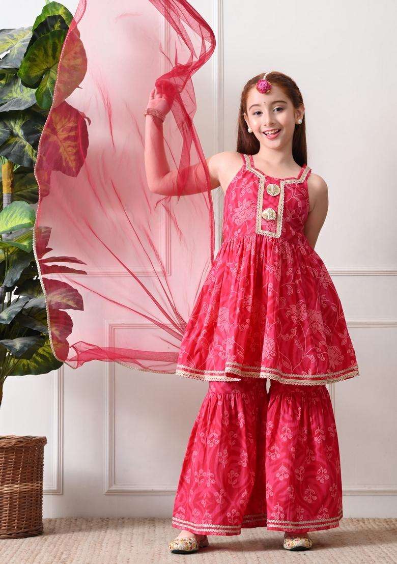 Pink Floral Print Cotton Sharara Set For Girl - Indya