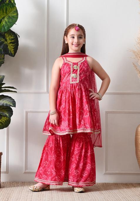 Pink Floral Print Cotton Sharara Set For Girl — view on Indya