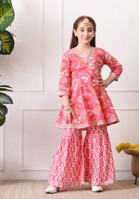 Peach Floral Print Cotton Sharara Set For Girl