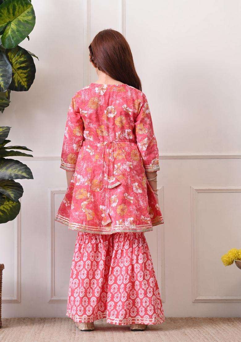 Peach Floral Print Cotton Sharara Set For Girl - Indya