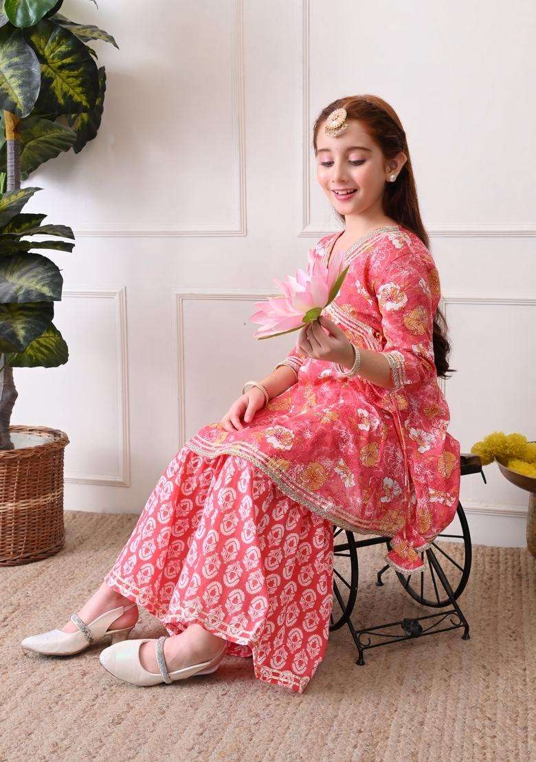 Peach Floral Print Cotton Sharara Set For Girl - Indya