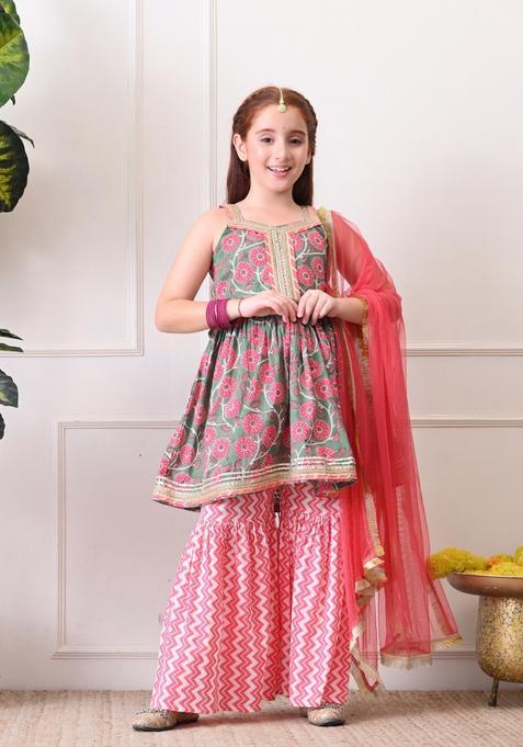 Green Floral Print Cotton Sharara Set For Girl