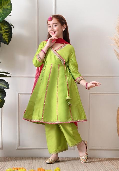 Green Solid Silk Sharara Set For Girl