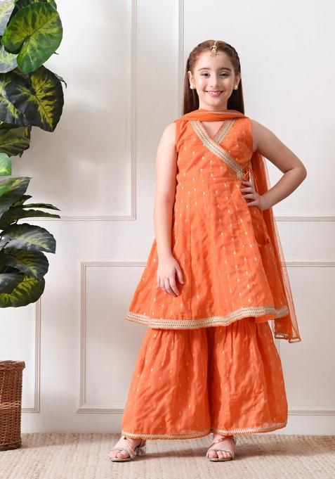 Orange Solid Silk Sharara Set For Girl
