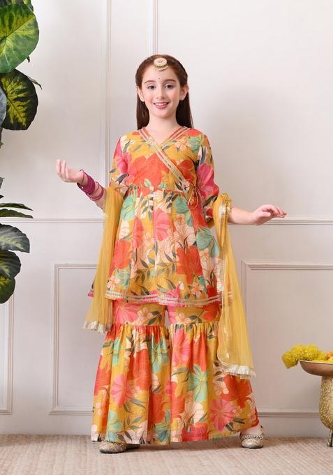 Yellow Solid Silk Sharara Set For Girl