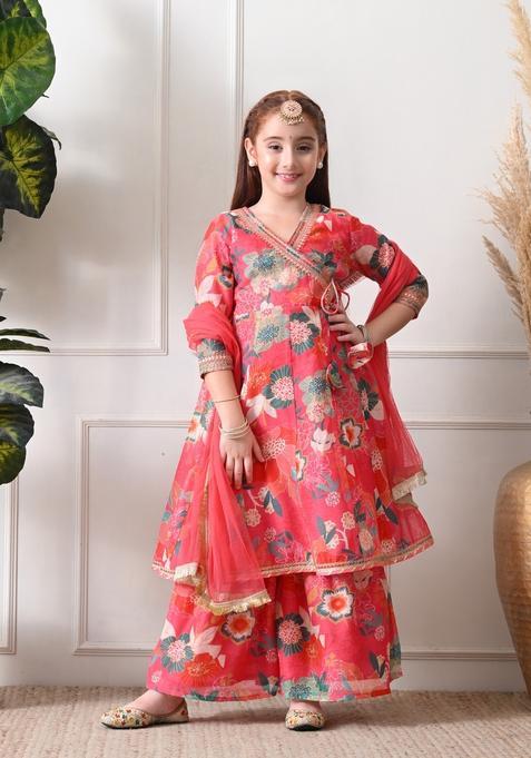 Pink Solid Silk Sharara Set For Girl