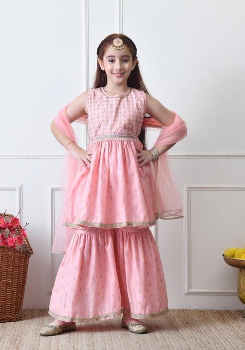 Pink Solid Silk Sharara Set For Girl — view on Indya