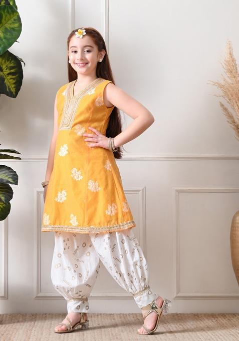 Yellow Bandhani Cotton Sharara Set For Girl