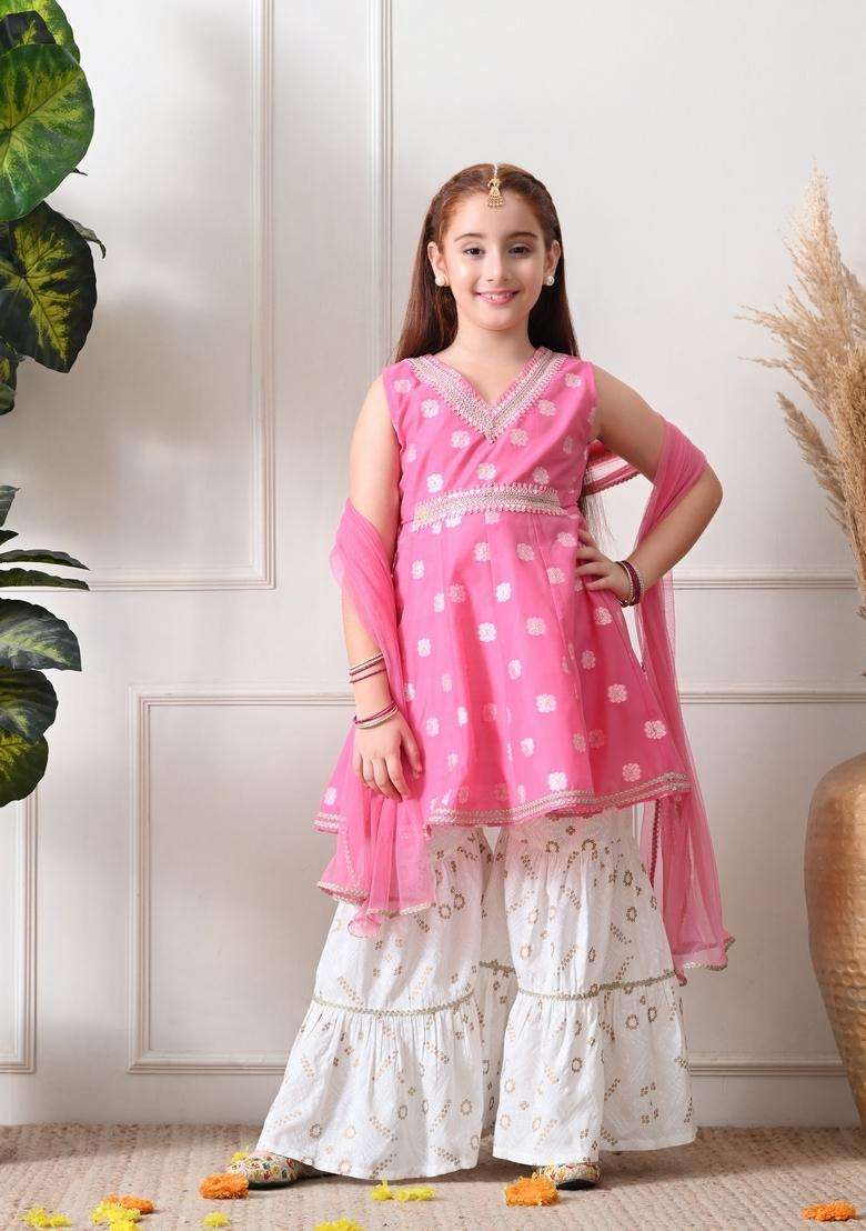 Pink Bandhani Cotton Sharara Set For Girl - Indya