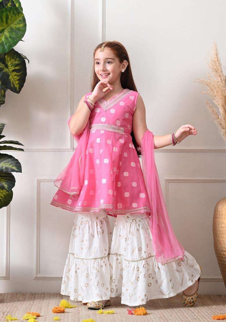 Pink Bandhani Cotton Sharara Set For Girl - Indya