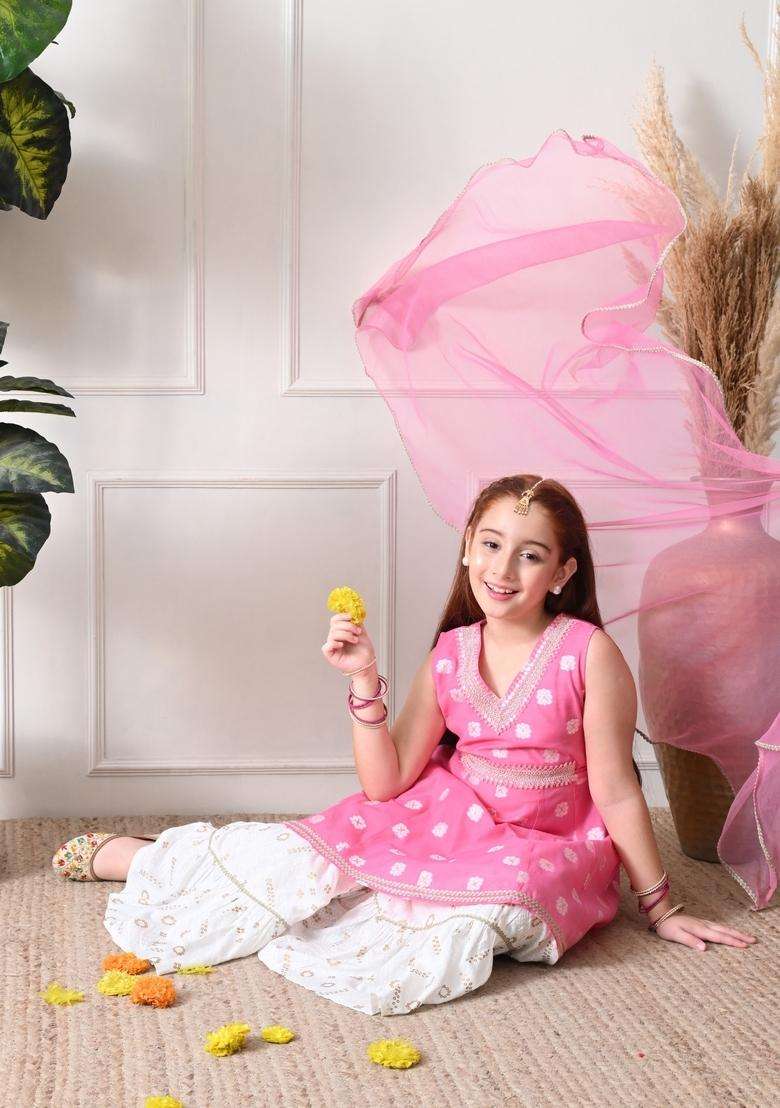 Pink Bandhani Cotton Sharara Set For Girl - Indya