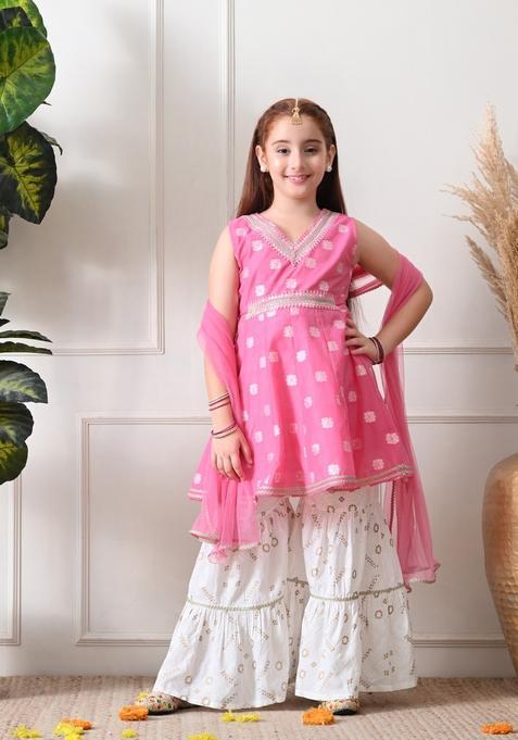 Pink Bandhani Cotton Sharara Set For Girl