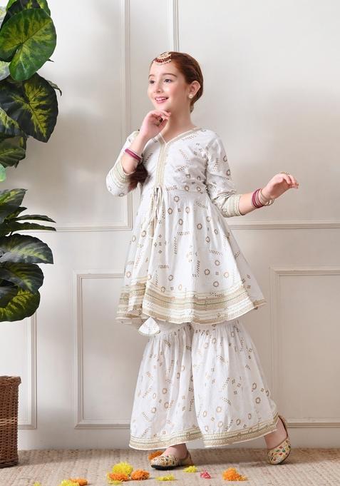 Off White Bandhani Viscose Sharara Set For Girl
