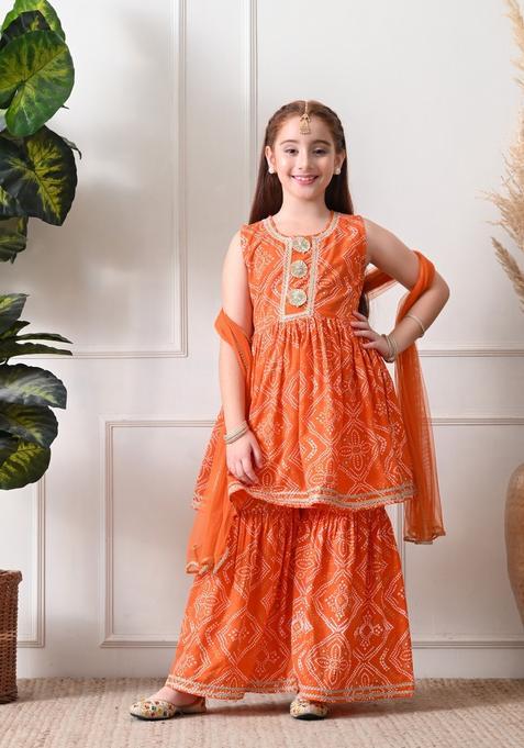 Orange Bandhani Viscose Sharara Set For Girl
