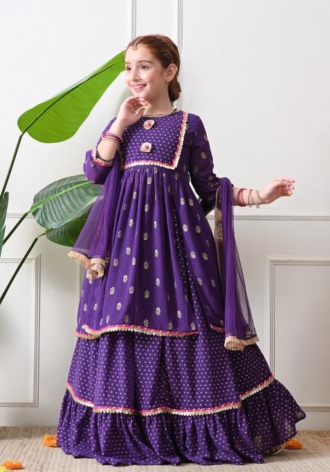 Purple Bandhani Georgette Sharara Set For Girl — view on Indya