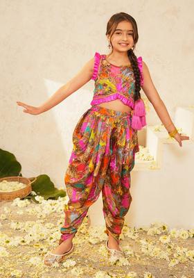 Multicolor Woven Polyester Sharara Set For Girl