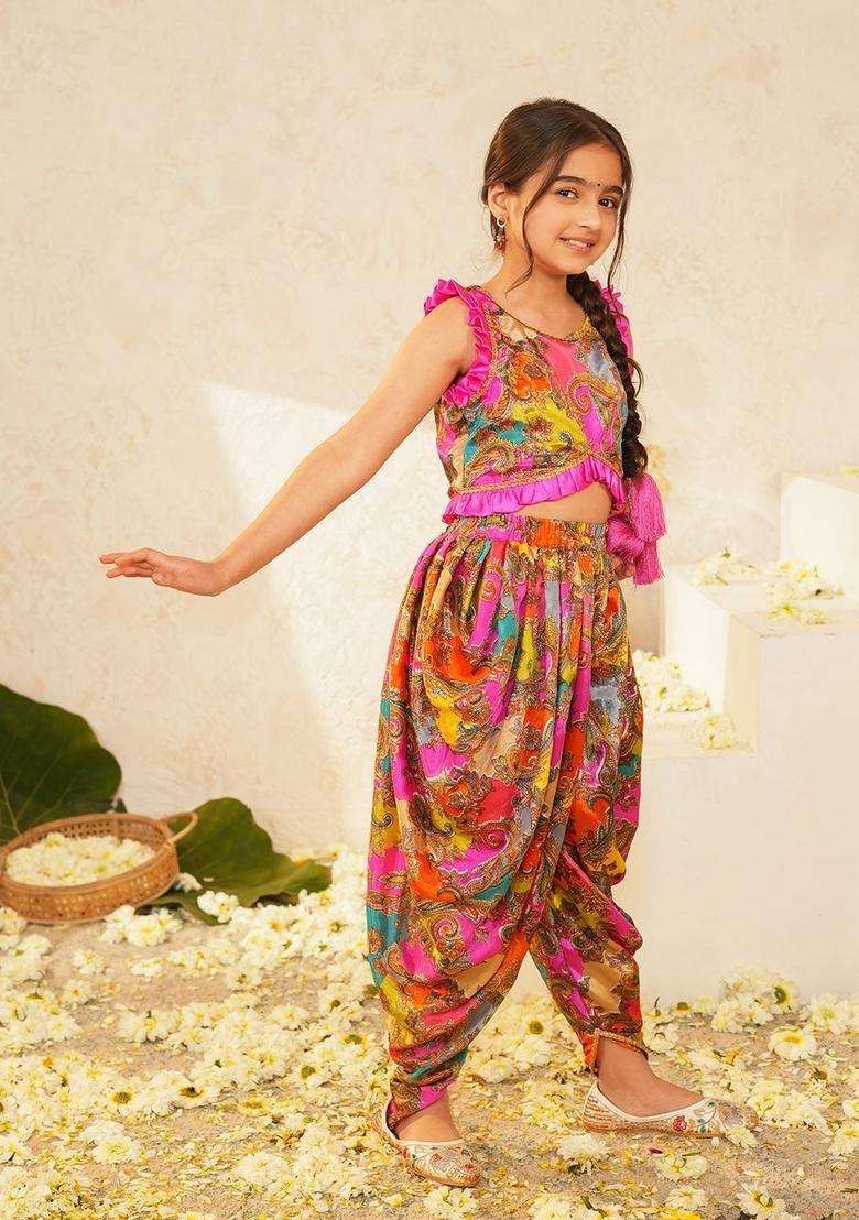 Multicolor Woven Polyester Sharara Set For Girl - Indya