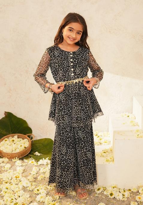 Black Woven Polyester Sharara Set For Girl