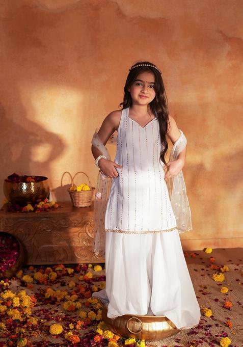 White Woven Georgette Sharara Set For Girl