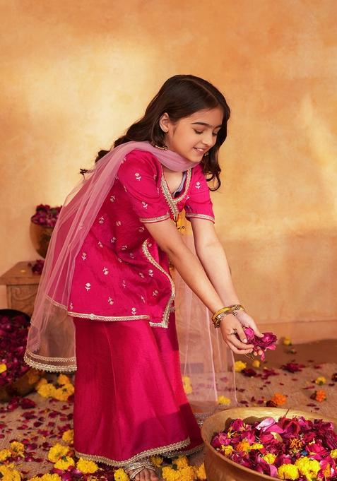 Pink Woven Polyester Sharara Set For Girl