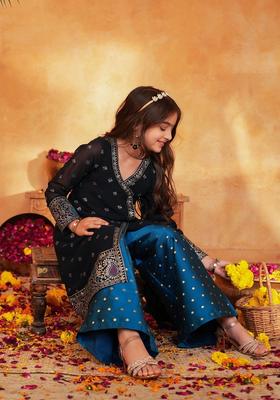 Navy Blue Woven Polyester Kurta set For Girl
