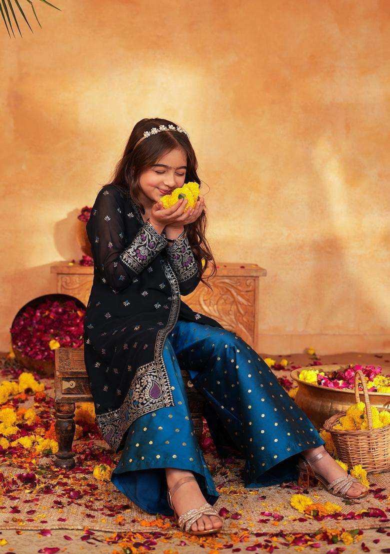 Navy Blue Woven Polyester Kurta set For Girl - Indya