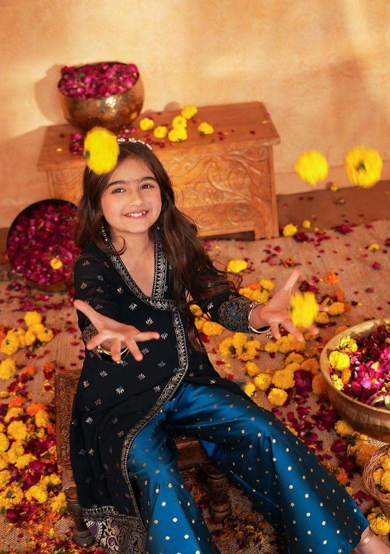 Navy Blue Woven Polyester Kurta set For Girl - Indya
