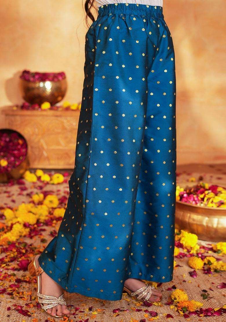 Navy Blue Woven Polyester Kurta set For Girl - Indya