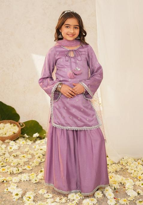 Purple Woven Polyester Sharara Set For Girl