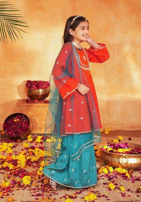 Orange Woven Polyester Sharara Set For Girl