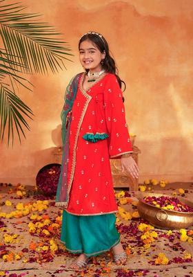 Orange Woven Polyester Kurta set For Girl