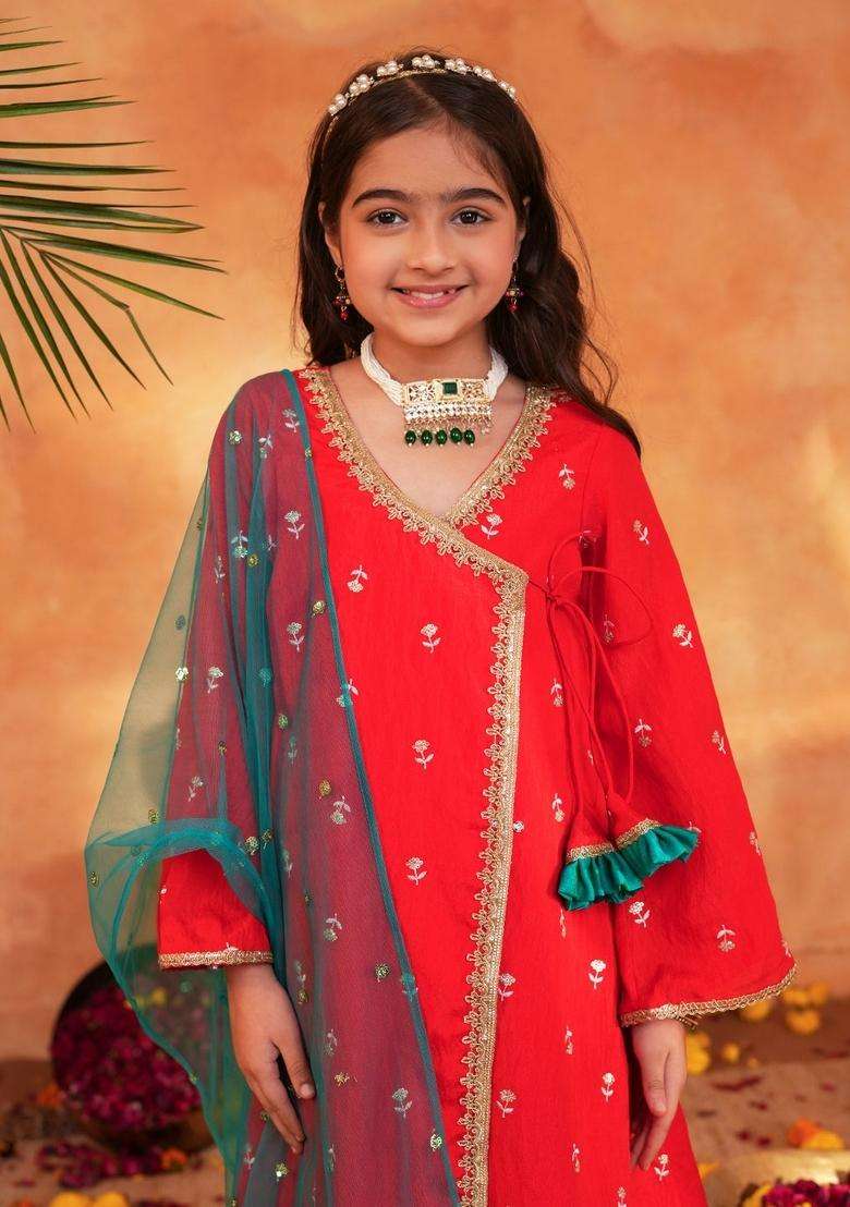 Orange Woven Polyester Kurta set For Girl - Indya