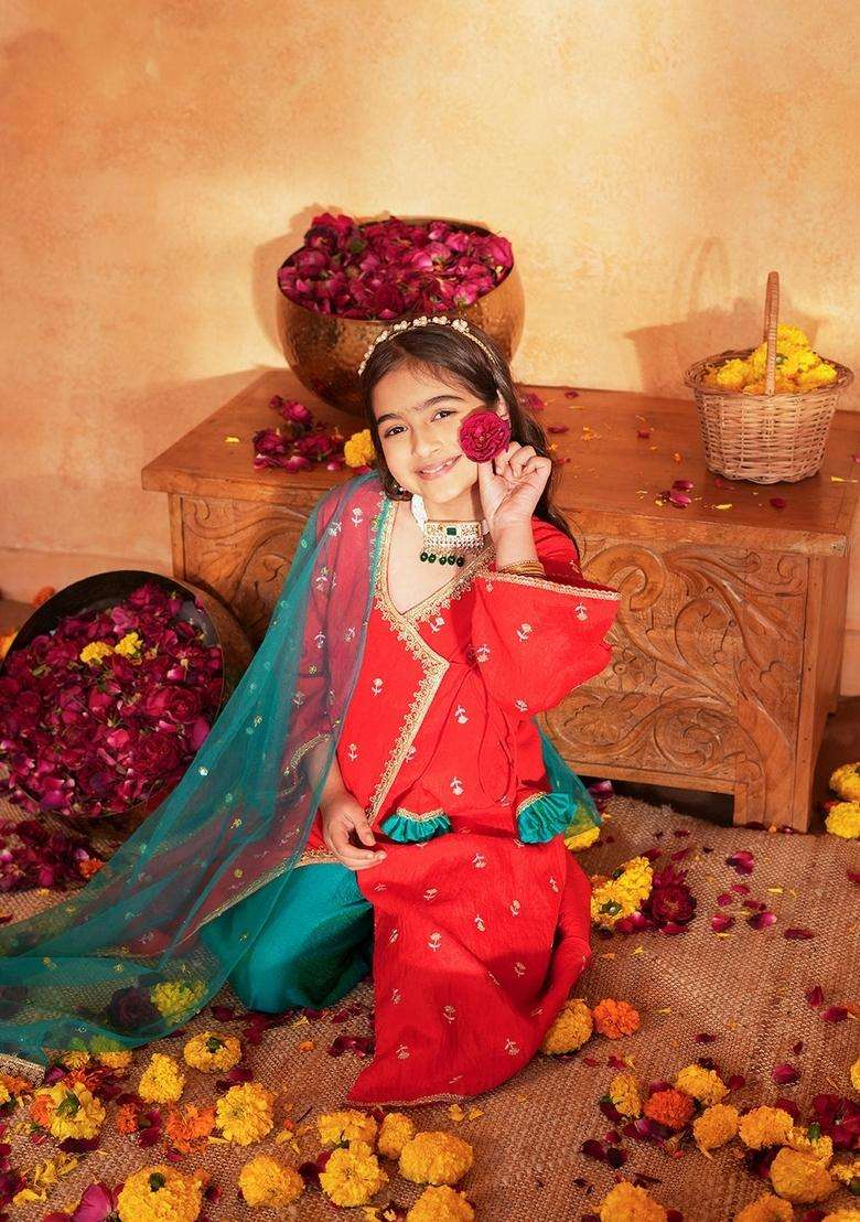 Orange Woven Polyester Kurta set For Girl - Indya