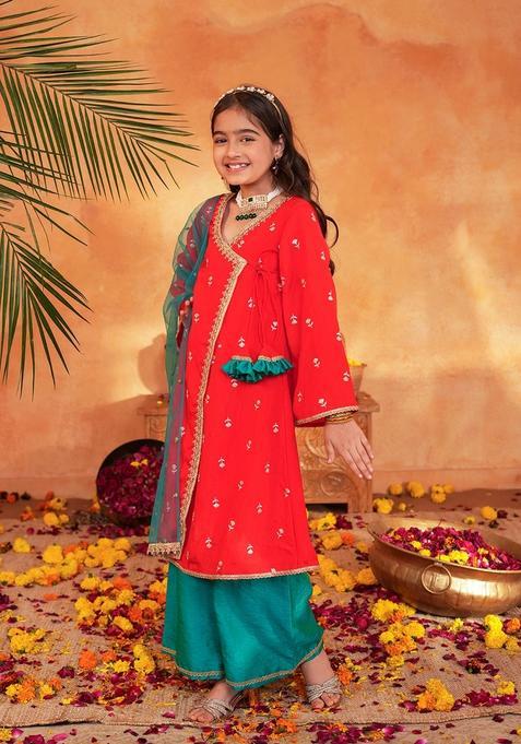 Orange Woven Polyester Kurta set For Girl