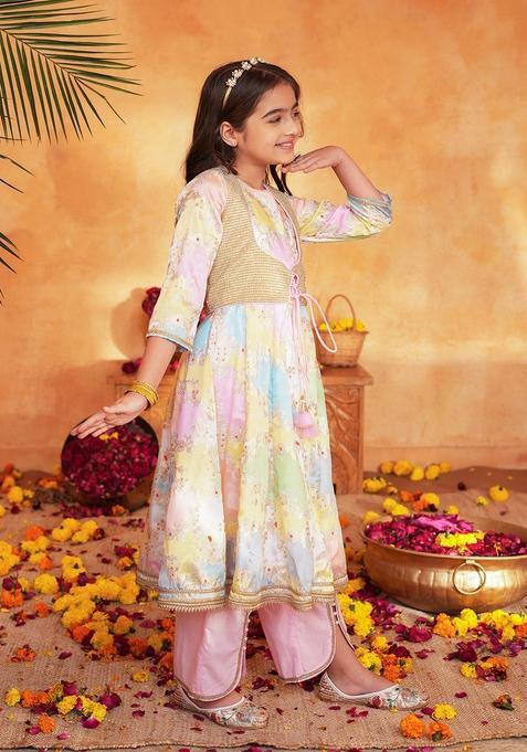 Multicolor Printed Polyester Kurta set For Girl