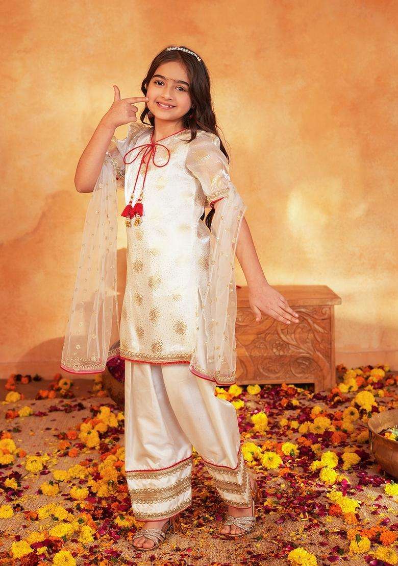 Off White Woven Organza Kurta set For Girl - Indya