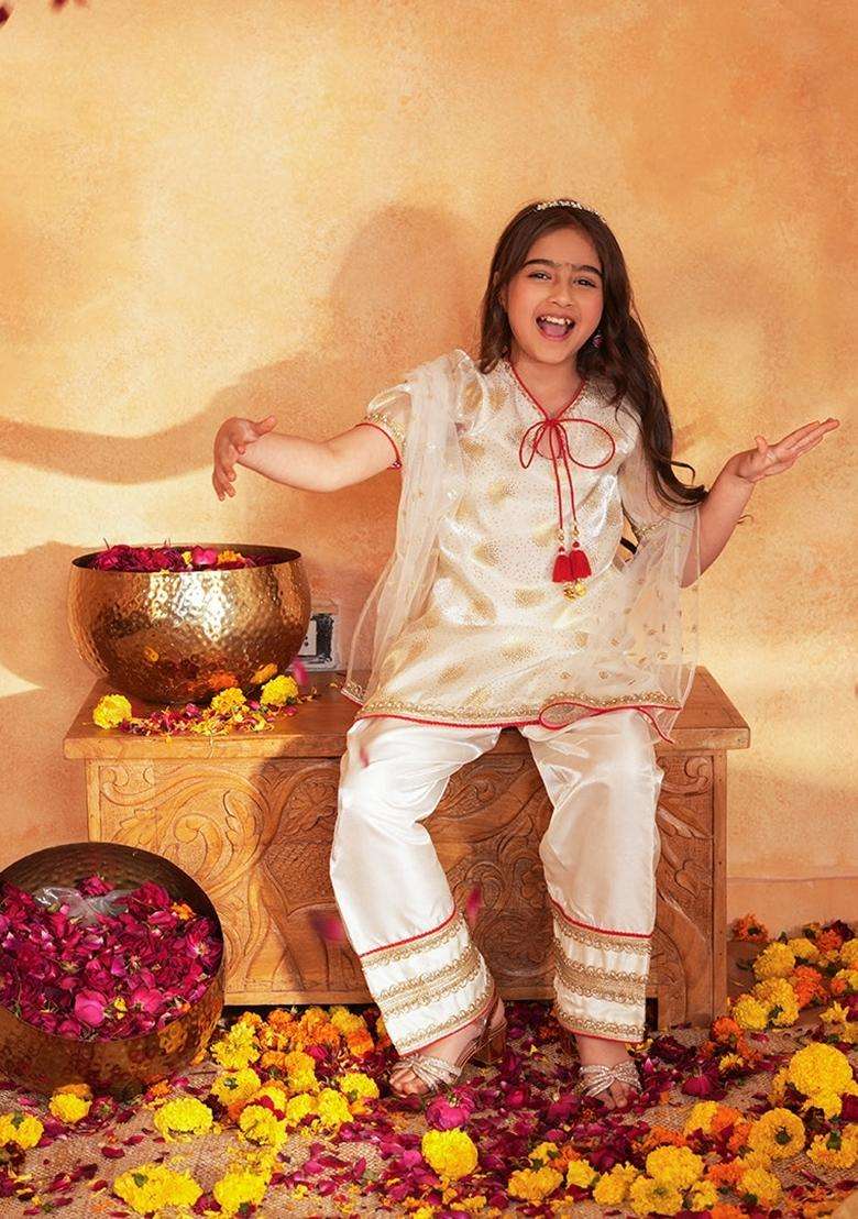 Off White Woven Organza Kurta set For Girl - Indya