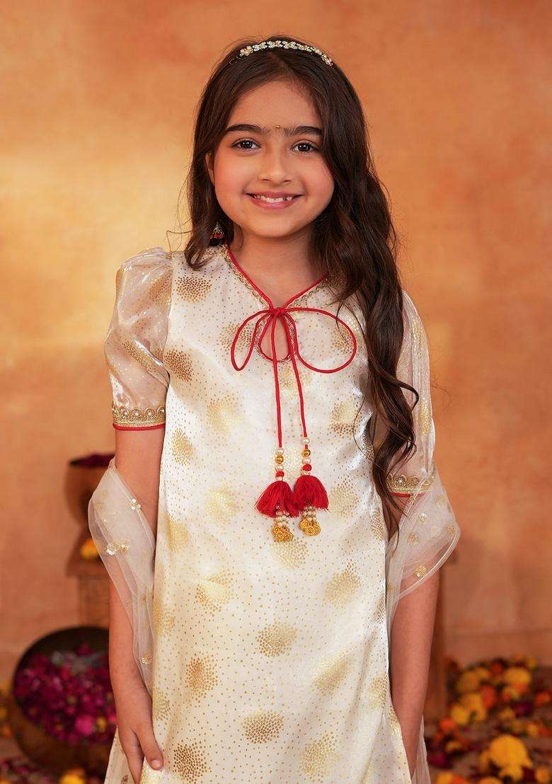 Off White Woven Organza Kurta set For Girl - Indya