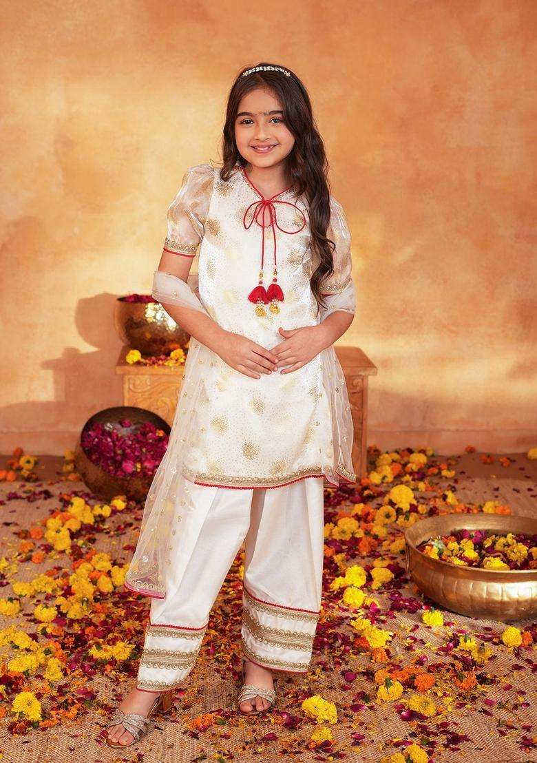 Off White Woven Organza Kurta set For Girl - Indya