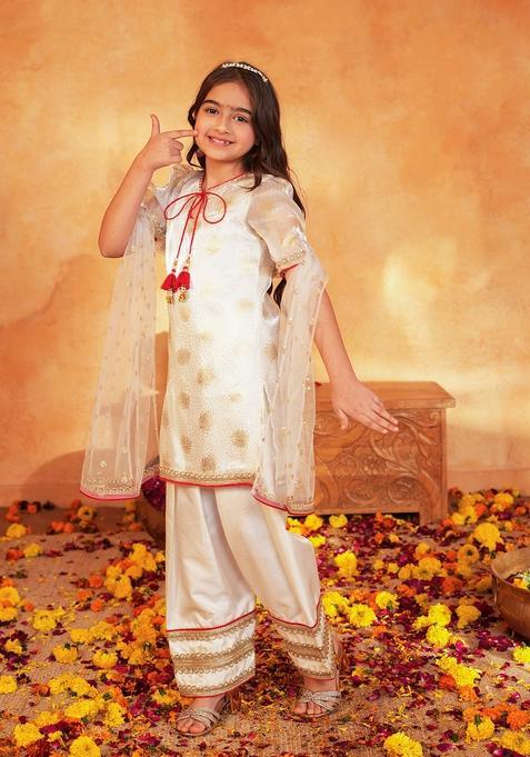 Off White Woven Organza Kurta set For Girl