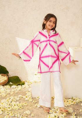 White And Pink Woven Cotton Kurta set For Girl