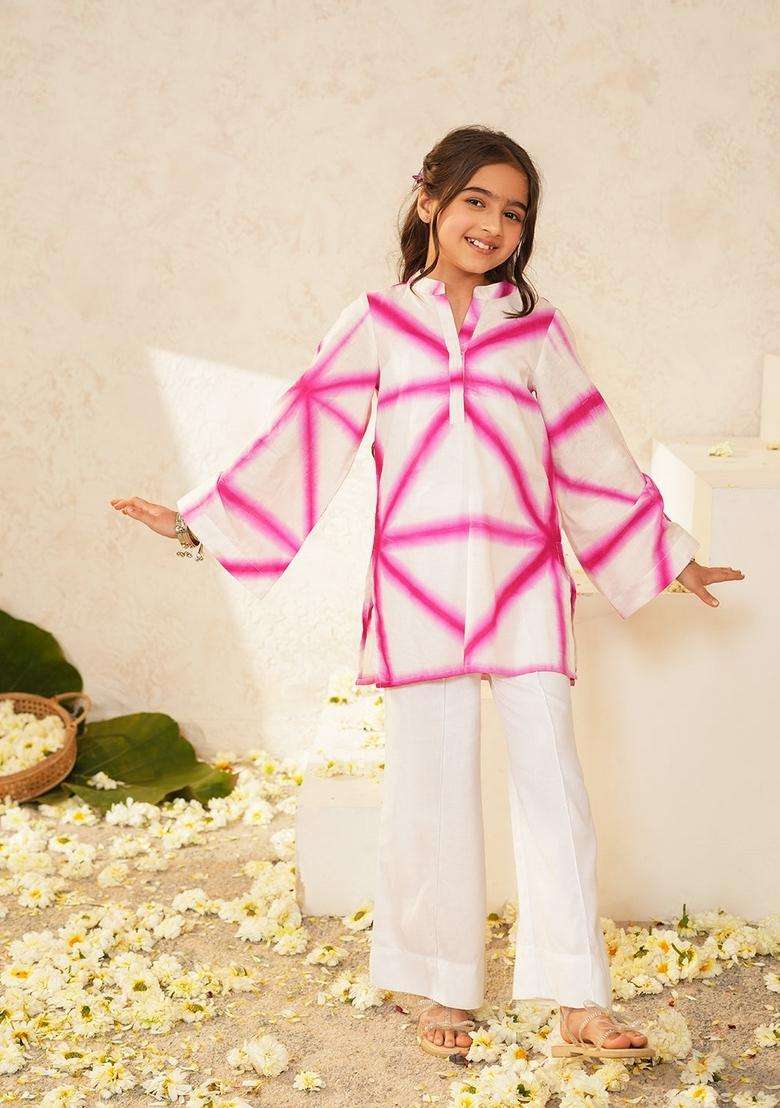 White And Pink Woven Cotton Kurta set For Girl - Indya