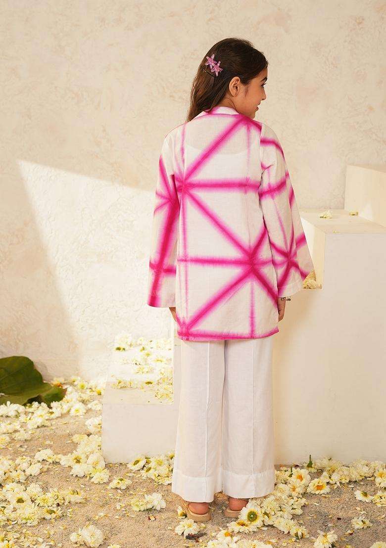 White And Pink Woven Cotton Kurta set For Girl - Indya