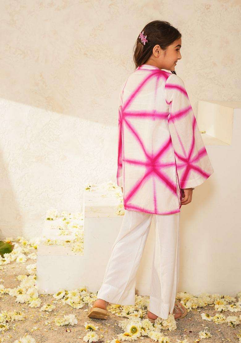White And Pink Woven Cotton Kurta set For Girl - Indya